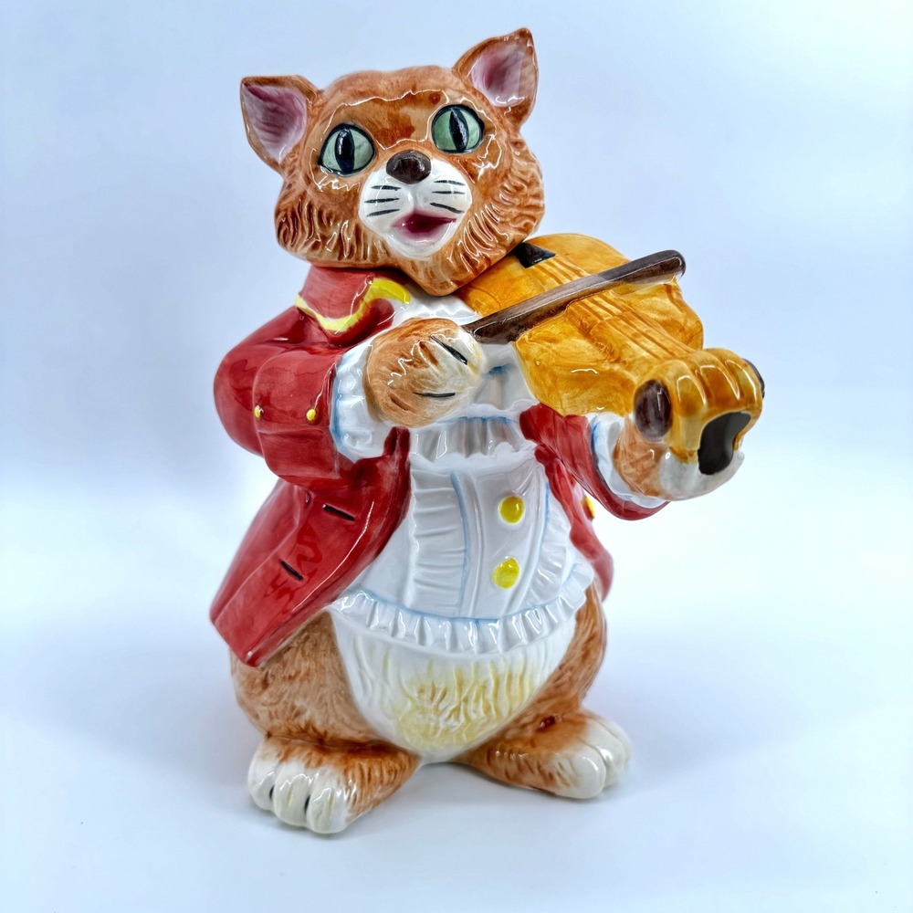 Shafford Teapot Orange Mother Goose Cat Playing Violin 1986 Vintage
